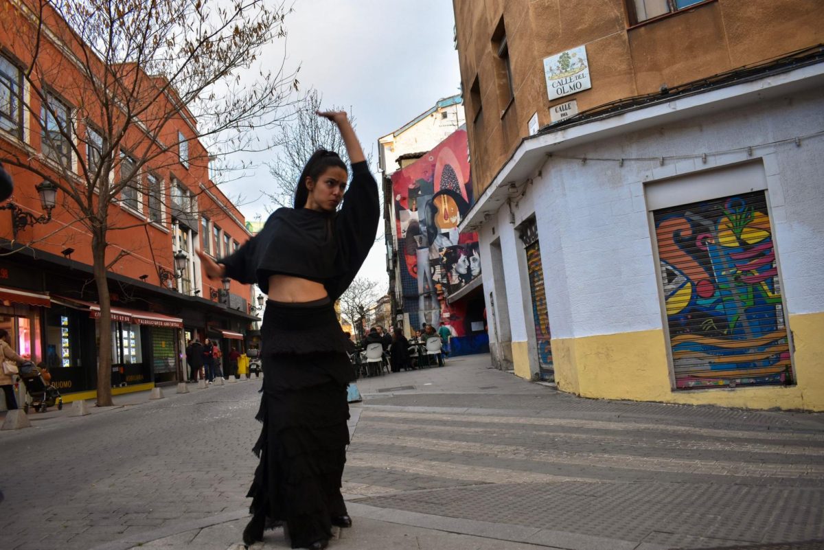 Recent graduate Mia Potter practices a Flamenco dance outside Amor de Dios dance studio in Madrid.