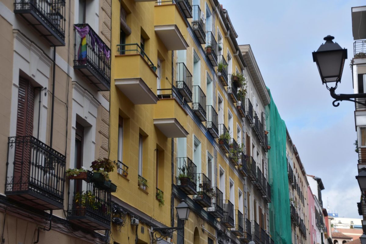 Colorful houses with balconies lend charm to the small Conde Duque neighborhood. 