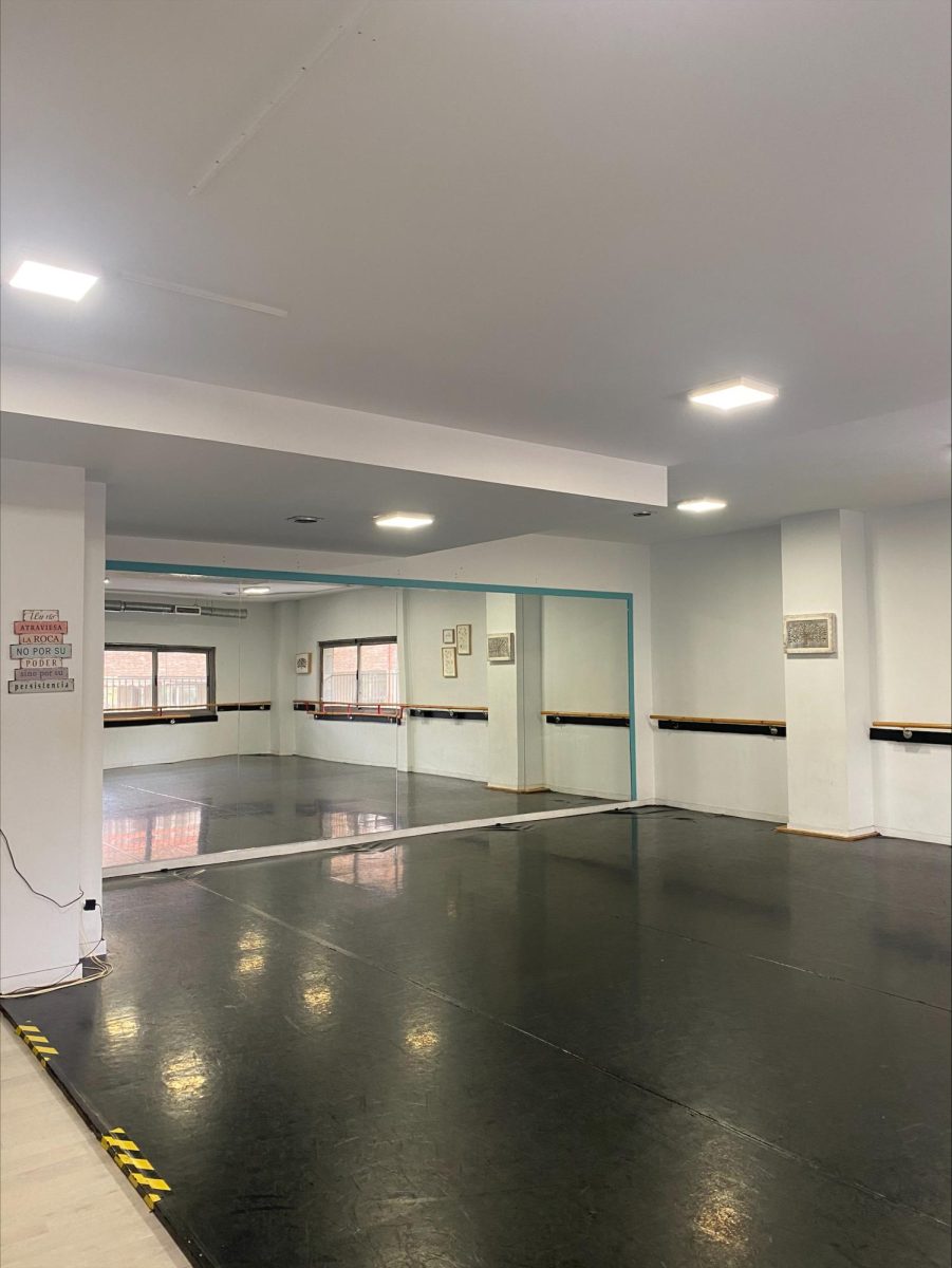 The studio at an off-campus dance academy where students take Latin and Flamenco dance classes.