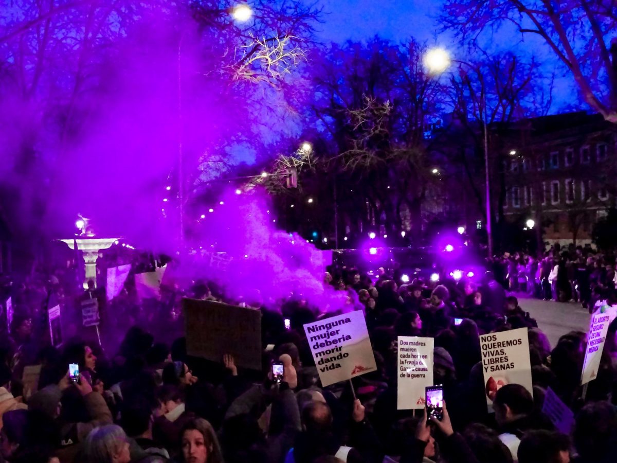 Purple-tinted smoke envelopes marchers at nightfall along the Paseo del Prado. City Hall and Cibeles fountain were lit in purple for the occasion.