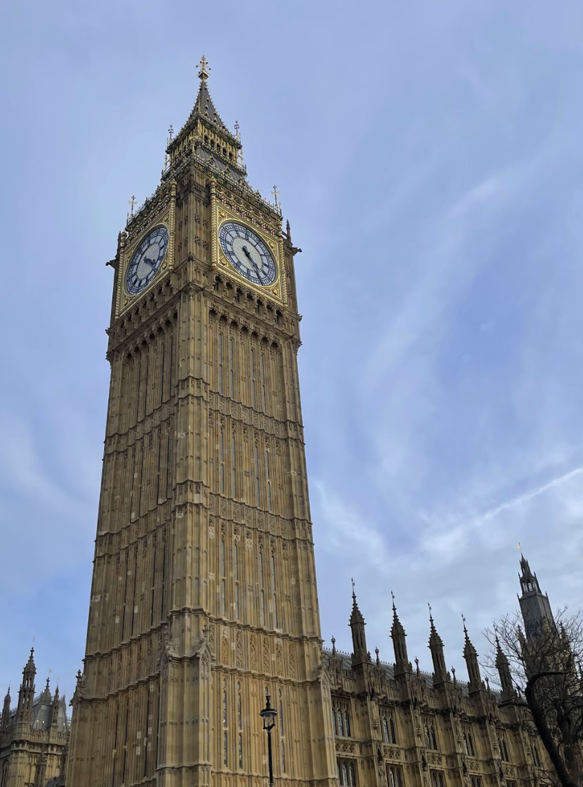 Big Ben in London. The writers were surprised to see it immediately on leaving the Tube.