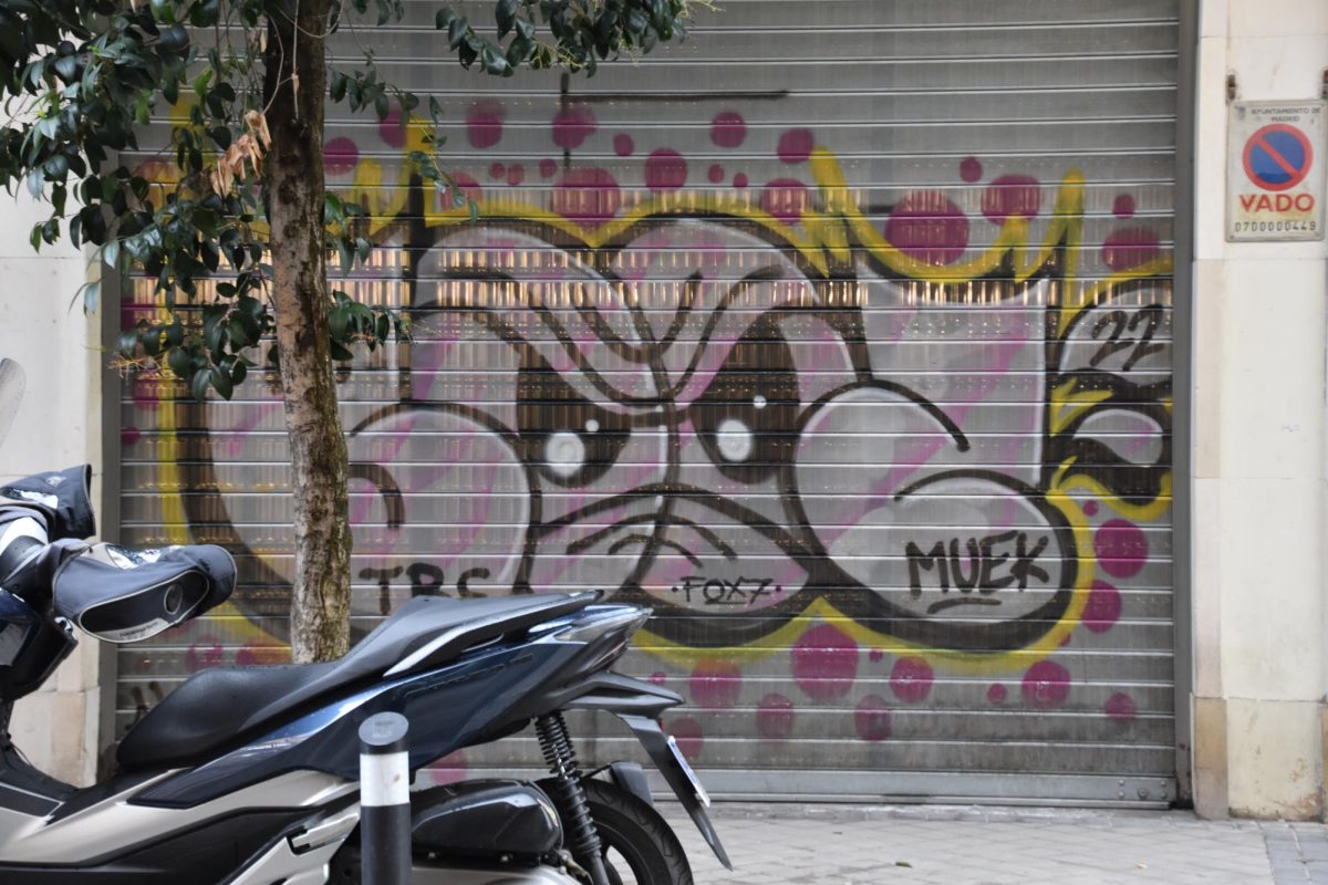 Collaborative tag of menacing eyes covering the store front of a shop in Chamberí.