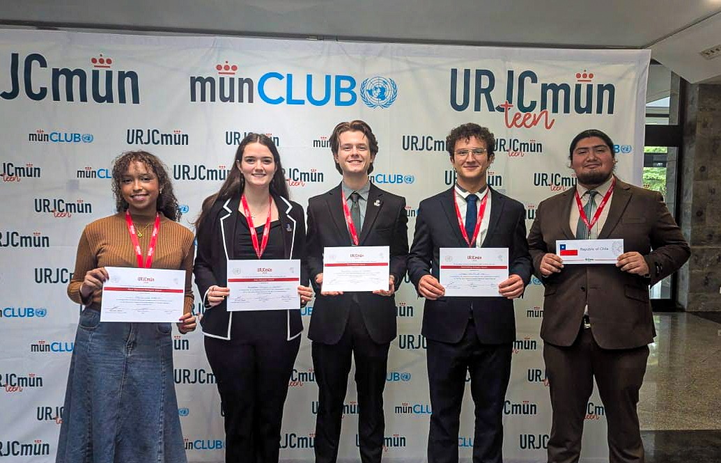 Club members display awards won for their committees at Rey Juan Carlos Model United Nations, the fourth largest Model U.N. conference in Europe. From left to right: Zoe Reveles (Most Improved Delegate), Raelyn Butler and Kyle Sidwell (Best Delegate Team), Luigi Simonetti (Outstanding Delegate) and David Chavez (Verbal Mention). Photo courtesy of Model U.N. Club.