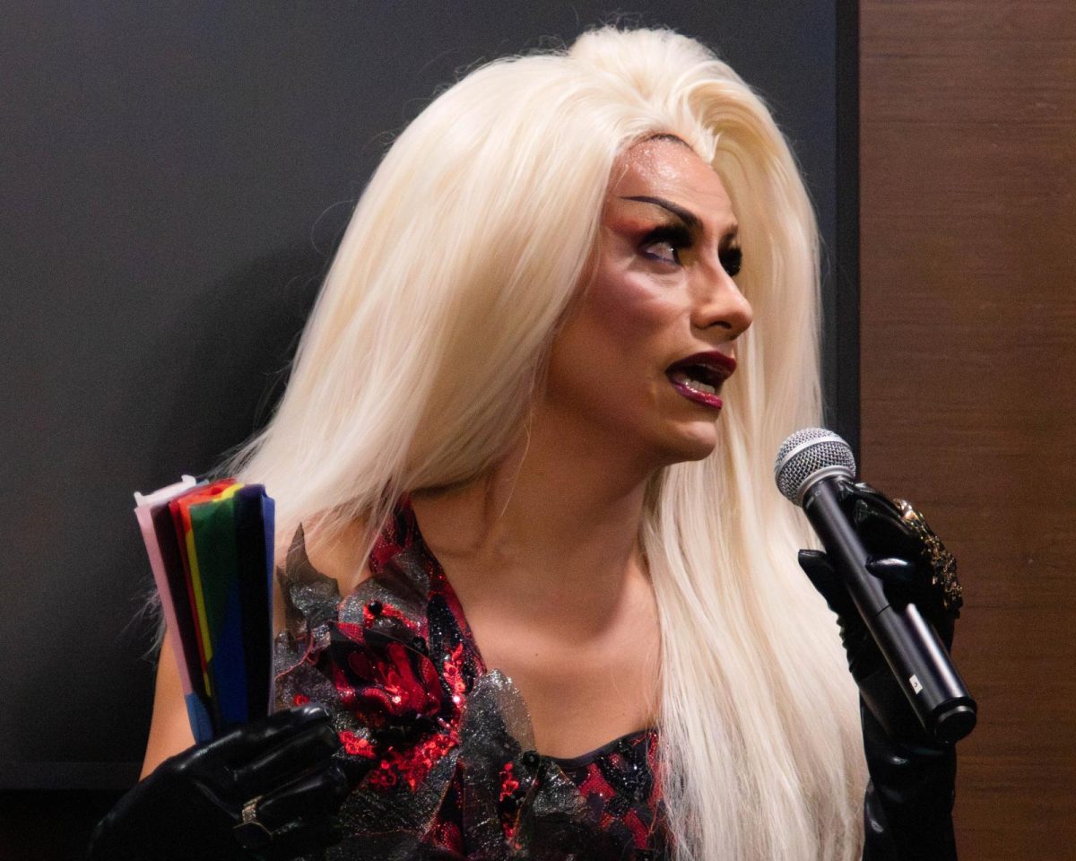 Drag performer Shirley Stonyrock addresses students in SIH on Feb. 12, 2026.