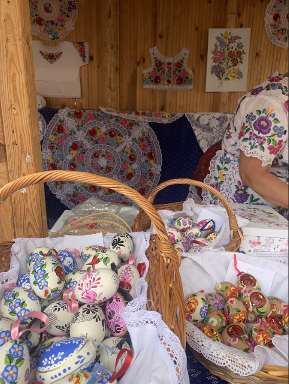 Embroidery and other traditional handicrafts on sale in Budapest.